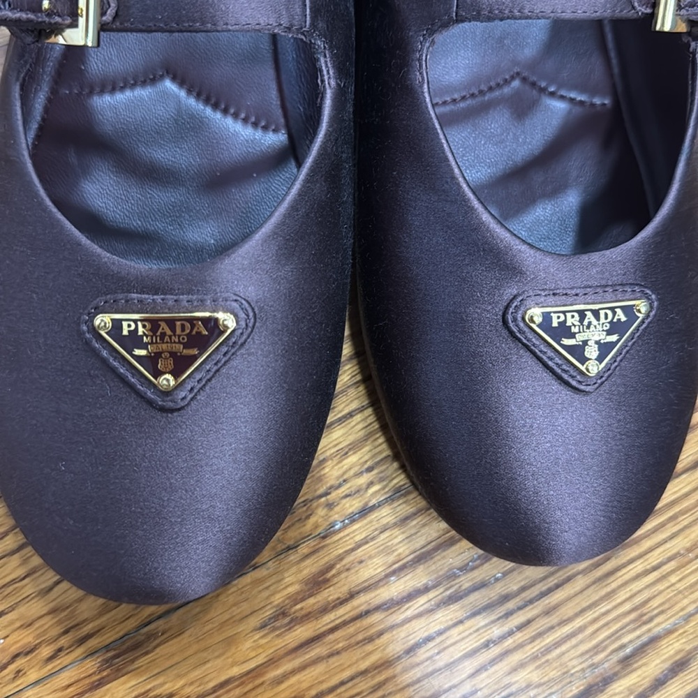Prada Burgundy Satin Double-Strap Mary Jane Flats Gold Logo 36.5 authentic nib - Picture 7 of 11